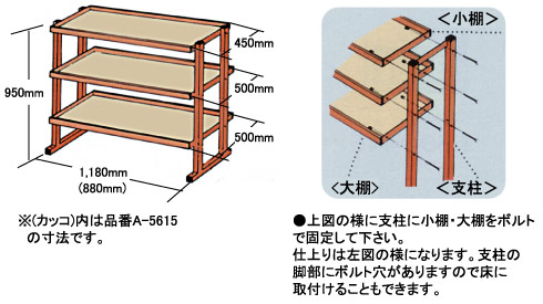 A-5615・A-5616寸法、組立方法：支柱に小棚・大棚をボルトで固定して下さい。仕上りは左図の様になります。支柱の<br />
脚部にボルト穴がありますので床に取付けることもできます。