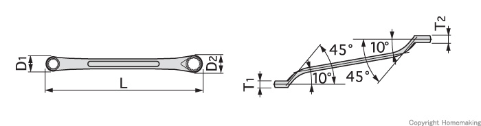 ロングメカニックめがねレンチセット(45°×10°) 6点セット