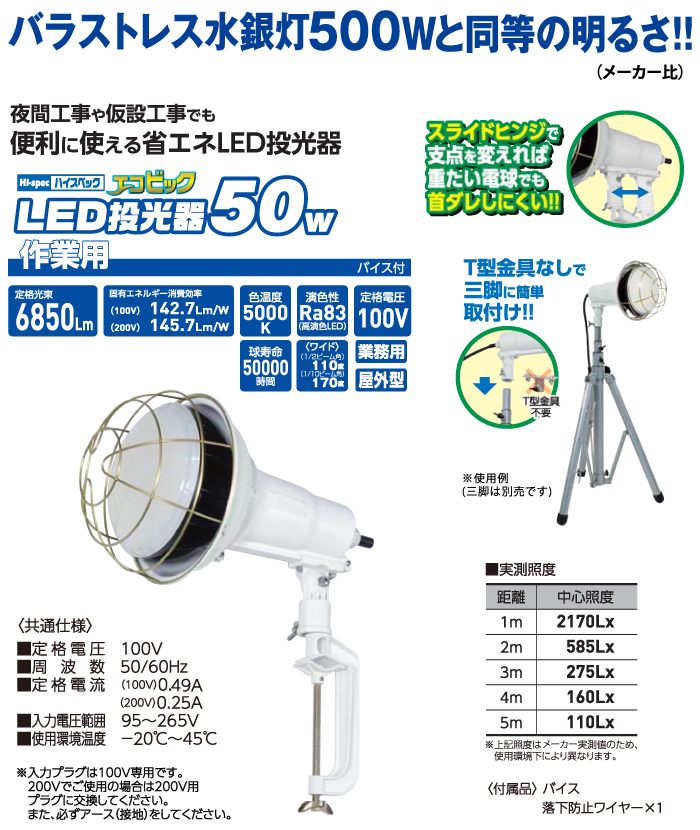 NICHIDO（日動） エコビックLED投光器50W(屋外型) 0.3m(2芯): 他:TOL-5000J-50K|ホームメイキング【電動工具