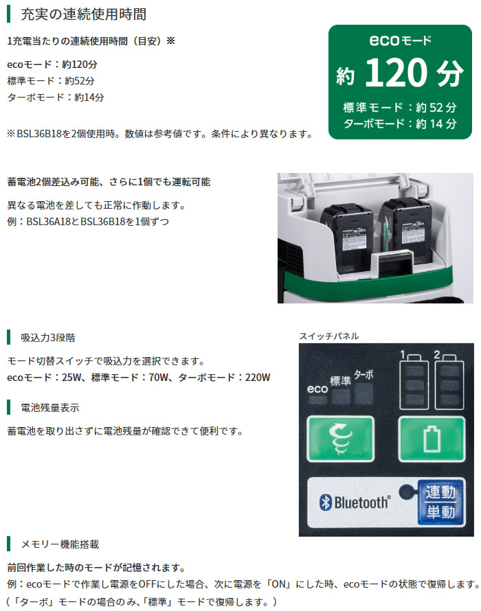 吸込力3段階 電池残量表示 メモリー機能搭載 吸込力3段階 電池残量表示 メモリー機能搭載