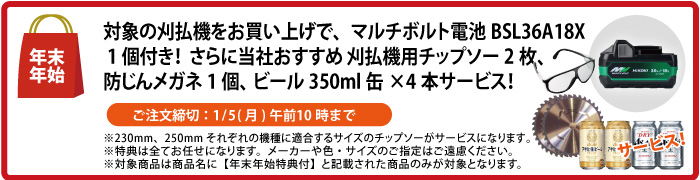 電池1個付　チップソー2枚＆防じんメガネ＆缶ビール4本 サービス