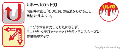 【Uホールカット刃】切断時に出る「切り粉」を切断溝からかき出し、目詰まりしにくいです。　ヨコびき木目に対しても気にならず、ヨコびき・タテびき・ナナメびきが、さらにスムーズに、作業効率アップ!