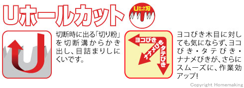 【Uホールカットとは】切断時に出る「切り粉」を切断溝からかき出し、目詰まりしにくいです。ヨコびき木目に対しても気にならず、ヨコびき・タテびき・ナナメびきが、さらにスムーズに、作業効率アップ!