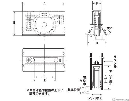 サッシ取替戸車　寸法