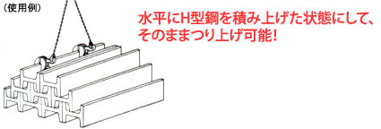 水平にH型鋼を積み上げた状態にして、そのままつり上げ可能！