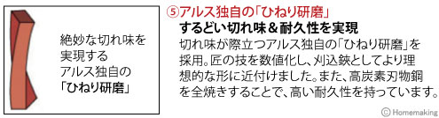 アルス独自の「ひねり研磨」　するどい切れ味＆耐久性を実現