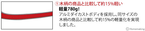 木柄の商品と比較して約15%軽い！軽量780g