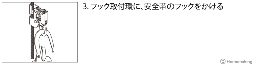 フック取付環に、安全帯のフックをかける