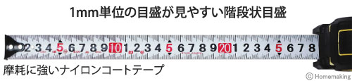 1mm単位の目盛が見やすい階段形状