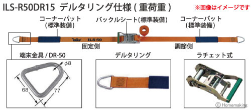 インカ ラッシングシステム　ベルト幅50mmラチェット式　ILS-R50DR15 デルタリング仕様(重荷重)