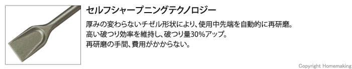 厚みの変わらないチゼル形状により、使用中先端を自動的に再研磨。高い破つり効率を維持し、破つり量30％アップ。再研磨の手間、費用がかからない。