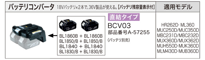 18Vバッテリ×2本で36V製品が使える