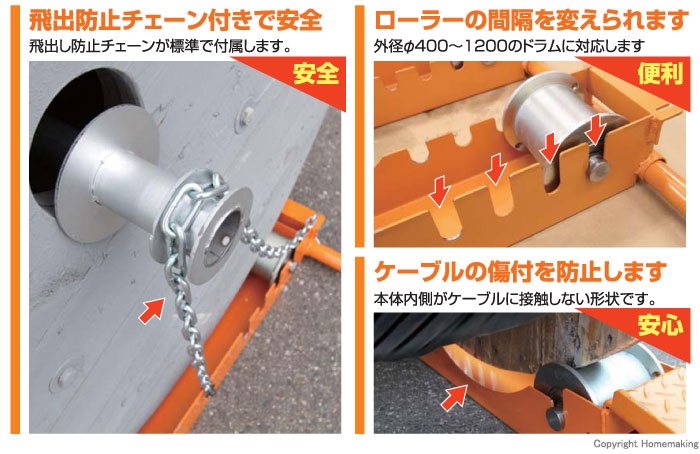 飛散防止チェーン付、ローラー間隔変更可能、ケーブルの傷付き防止