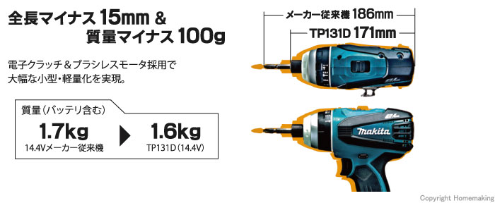 全長マイナス15mm、質量マイナス100g！電子クラッチ＆ブラシレスモータ採用で大幅な小型・軽量化を実現。