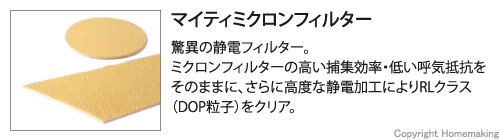 マイティミクロンフィルター。驚異の静電フィルター。ミクロンフィルターの高い捕集効率・低い呼気抵抗をそのままに、さらに高度な静電加工によりRLクラス（DOP粒子）をクリア。