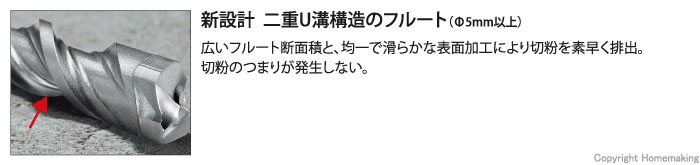 広いフルートと均一で滑らかな表面加工により、切粉を素早く排出。切粉のつまりが発生しない。