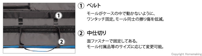 モールが動かないようにワンタッチ固定するベルト。中仕切りは面ファスナーで固定してあり、モール付属品等のサイズに応じて変更可能