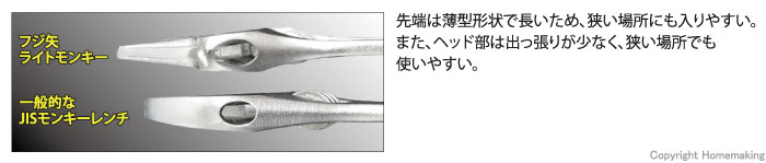 一般的なJIS規格と比べて10%以上ワイドに開く。また、最後まで閉まるので小さいボルト・ナットにも対応可能。