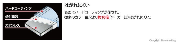 表面にハードコーティングが施され、従来のカラー曲尺より約10倍(メーカー比)はがれにくい。