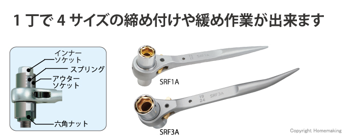 スーパーツール アルミ製4サイズラチェットレンチ ショートタイプ 呼び13×17mm:  他:SRF1A|ホームメイキング【電動工具・大工道具・工具・建築金物・発電機の卸値通販】