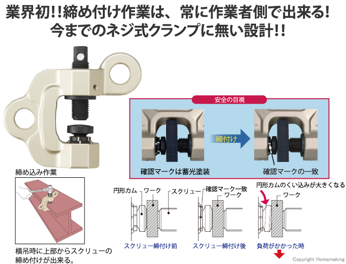 吊上げ、吊下げ、反転、引っ張り等あらゆる作業に最適な万能クランプ