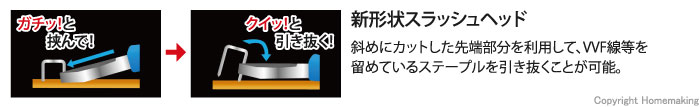 新形状スラッシュヘッド。斜めにカットした先端部分を利用して、VVF線等を留めているステープルを引き抜くことが可能。