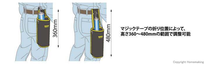 マジックテープの折り位置によって、高さ360～480mmの範囲で調整可能