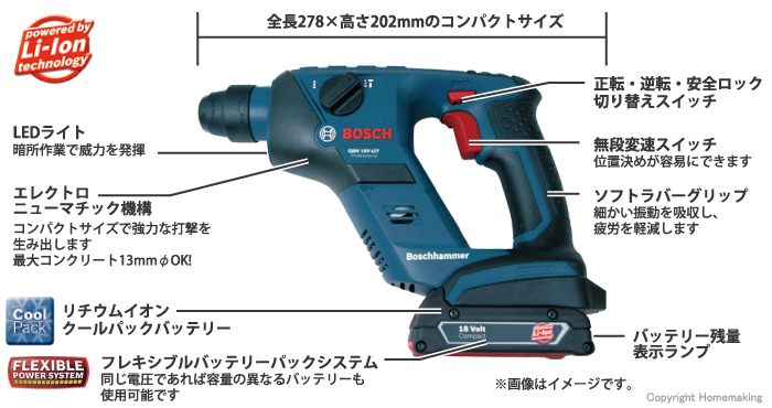 オープニング大セール】 ボッシュ バッテリーハンマードリル 軽量1.9kg DC18V 2.0Ahリチウムイオンバッテリー2個付 LEDライト  キャリングケース 充電器付 GBH18V-LIYN