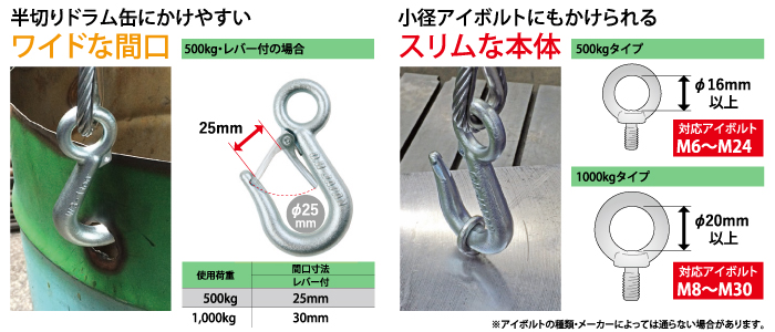 半切りドラム缶にかけやすい　小径アイボルトにもかけられる