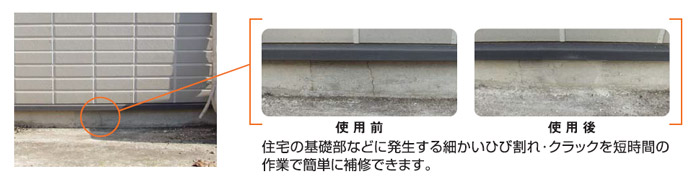 住宅の基礎部などに発生する細かいひび割れ・クラックを短時間の作業で簡単に補修できます