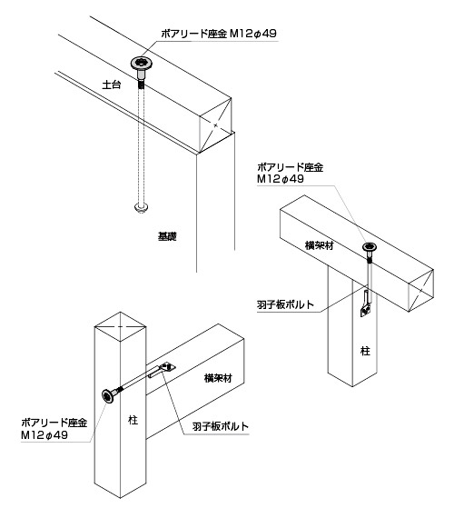 ボア<br />
リード座金　M12φ49 取付図