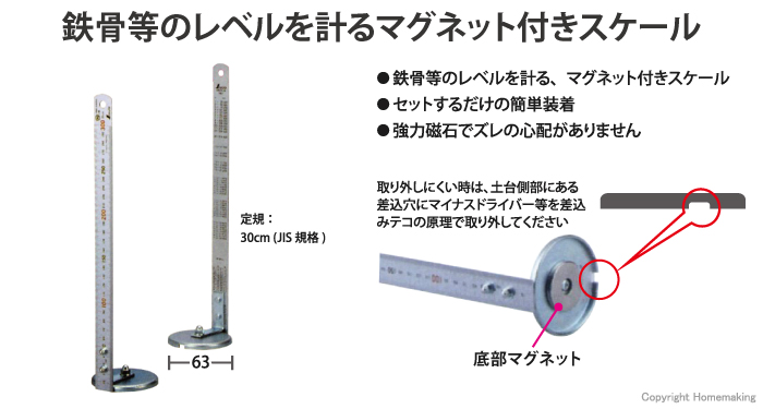 鉄骨等のレベルを計るマグネット付きスケール