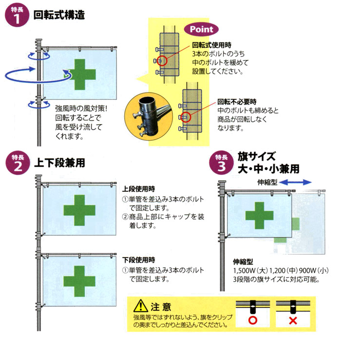 回転式構造　上下段兼用　旗サイズ　大・中・小兼用