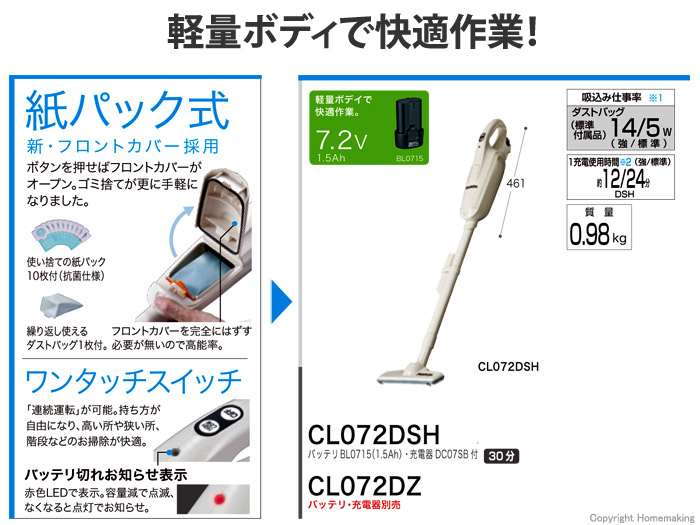 紙パック式 充電式クリーナ CL072D