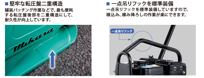 堅牢な転圧盤二重構造　一点吊りフックを標準装備