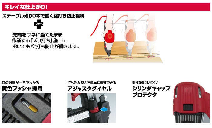 空打防止機能　黄色プッシャ採用　アジャスタダイヤル　シリンダキャッププロテクタ