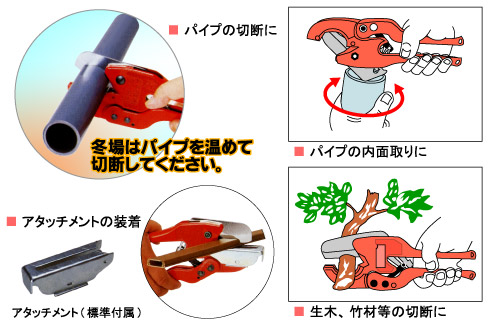 パイプの切断に、アタッチメントの装着、パイプの内面取りに、生木、竹材等の切断に