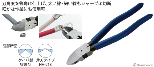 電工用薄刃ニッパー(刃先形状：スタンダード)　NH-218