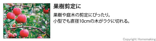 果樹剪定に。果樹や庭木の剪定にぴったり。小型でも直径10cmの木がラクに切れる。