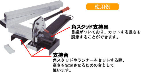 支持台:角スタッドやランナーをセットする際、高さを安定させるための台として使います。・角スタッド支持具:目盛がついており、カットする長さを調節することができます。