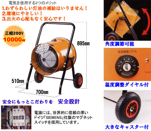 工場や広い空間での暖房に最適です。用途：倉庫内で　「安全」にもっとこだわりを…安全設計。電源には、世界的に信頼の厚いドイツ「SIEMENS」社製のマグネットスイッチを採用しています。