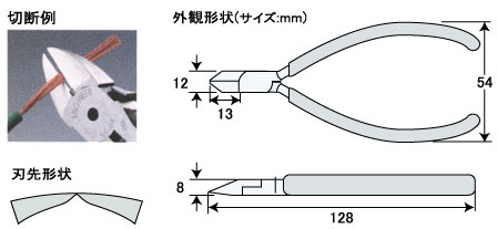 切断。鋭利なフルフラッシュカット。切れ味鋭く耐久性も抜群。ソフトグリップ仕様。刃先形状。外観形状。