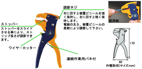 ストッパー。調節ネジ。ワイヤーカッター。連続作業用バネ付。外観形状。