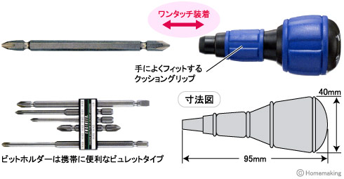 手によくフィットするクッショングリップ。ビットホルダーは携帯に便利なビュレットタイプ。寸法図