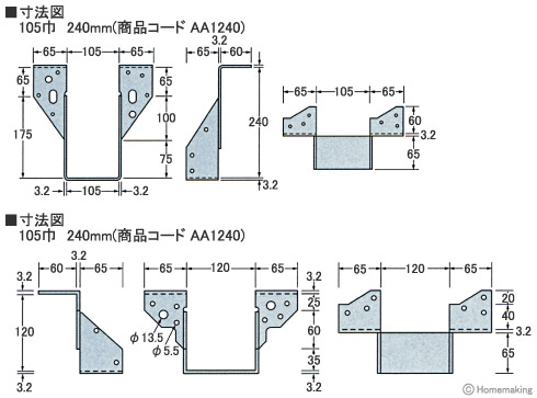 タナカ 梁受け金物(ツメあり) 105巾×105用 1箱(10個入): 他:AA1101