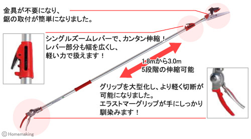 伸縮式高枝鋏　ズームチョキKタイプ　アンビルタイプつかみ付き