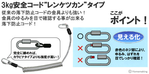 金具のゆるみを目で確認する事が出来る落下防止コード