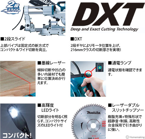 2段スライド、DXT、墨線レーザー、高輝度LEDライト、通電ランプ、レーザーダブルスリットチップソー