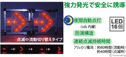 夜間自動点灯・防滴構造・連続点滅持続時間 約60時間、約40時間・LED16個使用