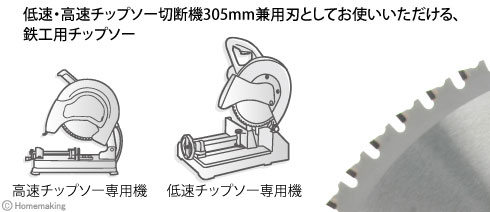 低速・高速チップソー切断機305mm兼用刃としてお使いいただける、鉄工用チップソー。
